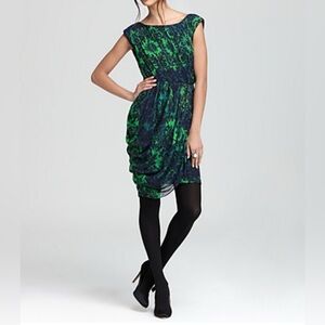 Alice + Olivia Beckett Green and Blue Printed Silk Gathered Dress Size 0